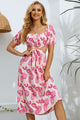 Floral Cutout Square Neck Puff Sleeve Dress Pink