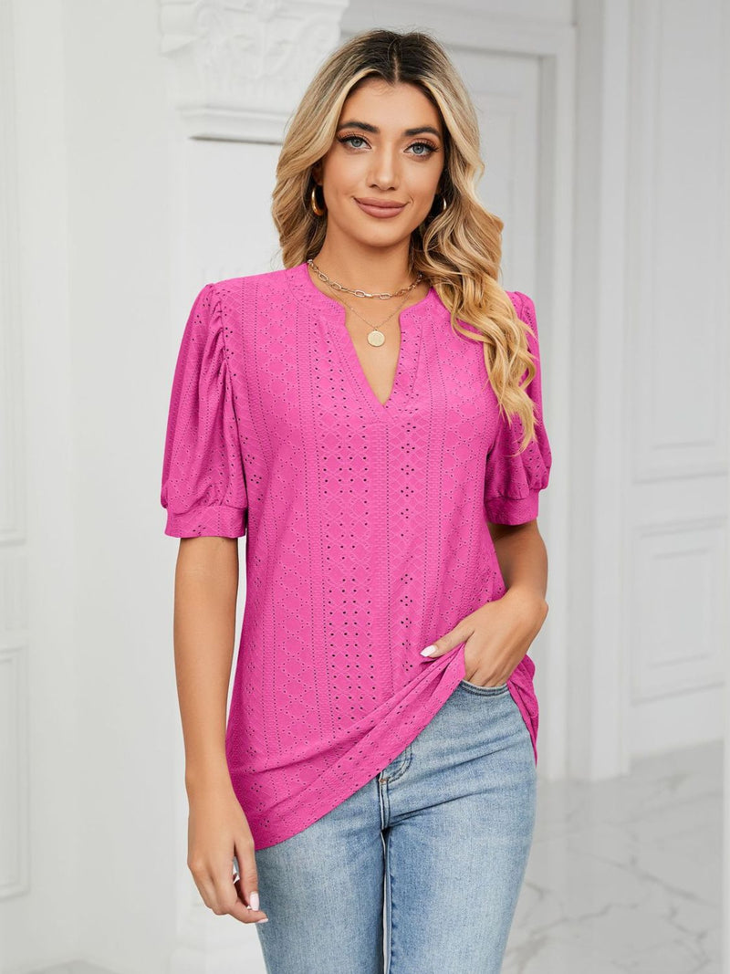 Florira Eyelet Notched Short Sleeve T-Shirt