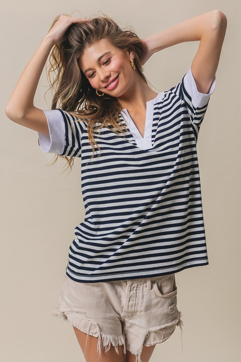 BiBi Contrast Striped Notched Knit Top Black Ivory