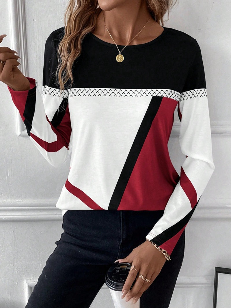 Contrast Round Neck Long Sleeve T-Shirt Rust
