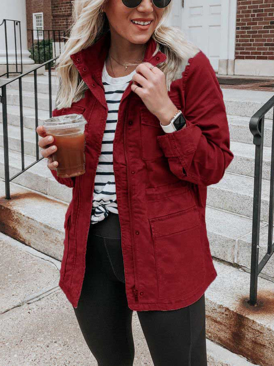 Pocketed Long Sleeve Zip Up Jacket Rust