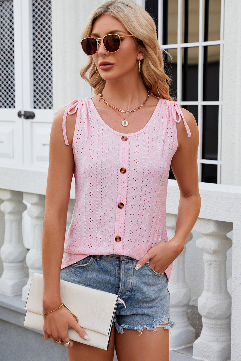 Eyelet Round Neck Wide Strap Tank