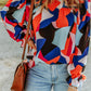 Abstract Pattern Crewneck Ruffled Puff Sleeve Blouse