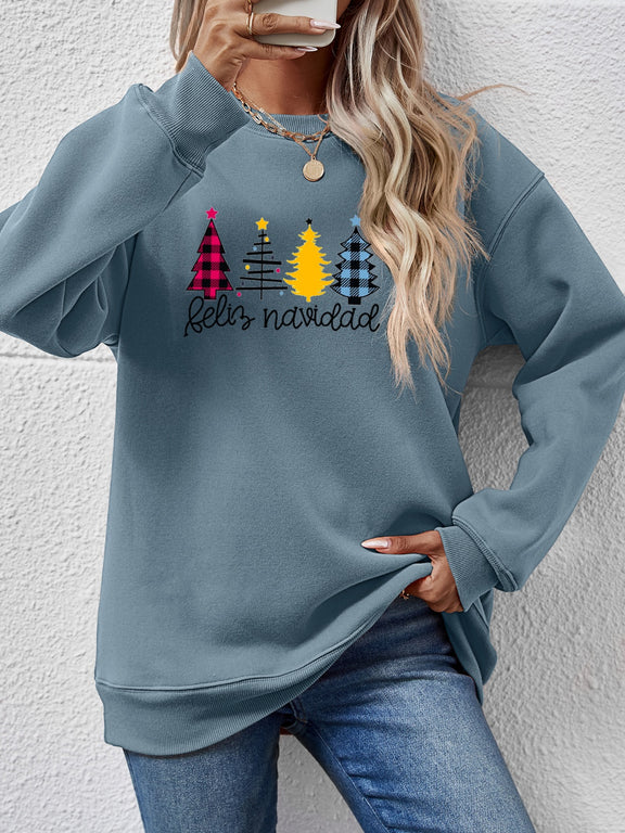 Round Neck Graphic Long Sleeve Sweatshirt French Blue