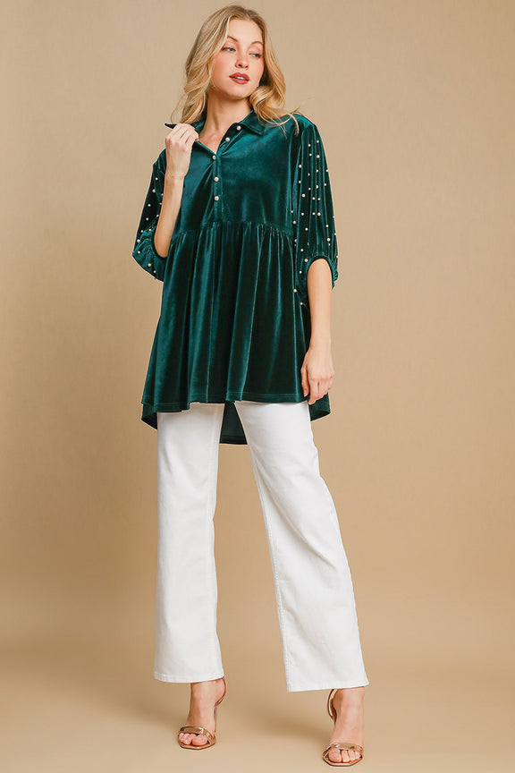 Umgee Pearl Detail Half Sleeve Velvet Babydoll Blouse