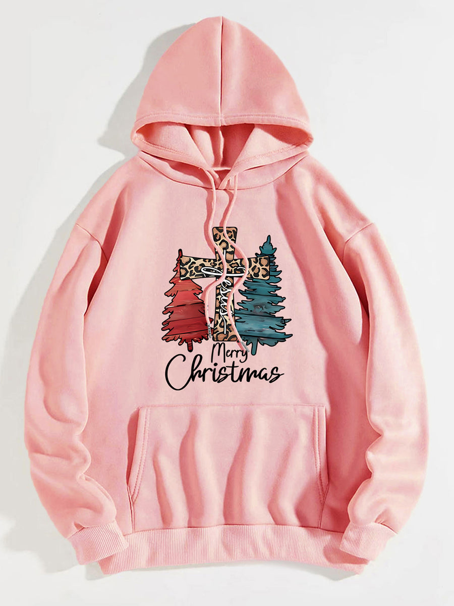 MERRY CHRISTMAS Graphic Drawstring Hoodie Blush Pink