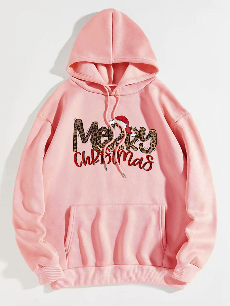 MERRY CHRISTMAS Graphic Drawstring Hoodie Blush Pink