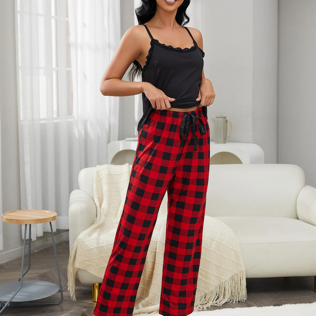 Lace Trim Cami and Plaid Pants Lounge Set