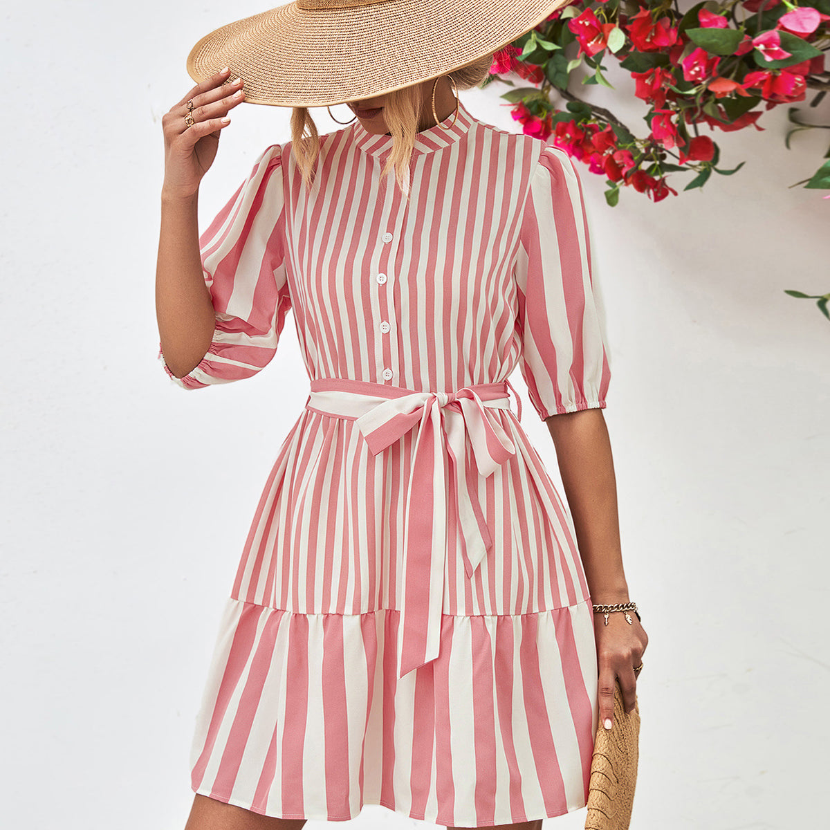 Striped Half Sleeve Tie Waist Mini Dress