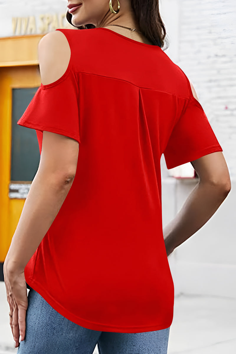 Full Size Half Zip Cold Shoulder Top Red