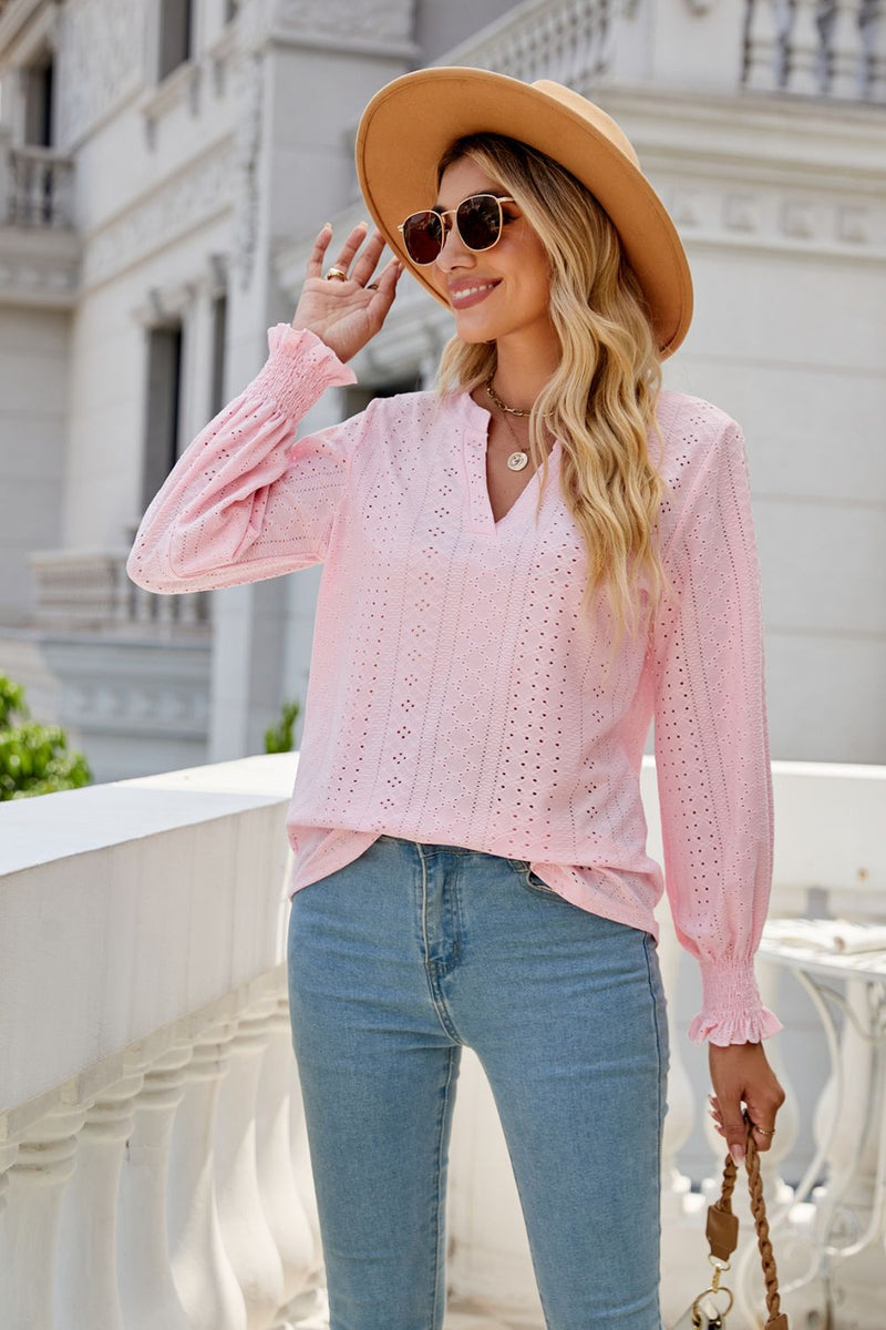 Notched Flounce Sleeve Eyelet Top