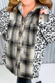 Plus Size Leopard Plaid Button Up Long Sleeve Shacket Dark Gray