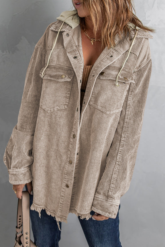 Snap Front Hooded Corduroy Shacket Khaki