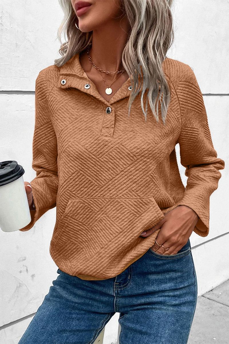 Geometric Snap Button Long Sleeve Sweatshirt Caramel