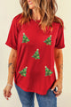 Sequin Christmas Tree Round Neck Short Sleeve T-Shirt Deep Red