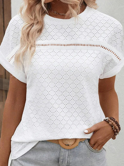 Eyelet Round Neck Short Sleeve Blouse White