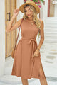 Tied Round Neck Sleeveless Dress Camel