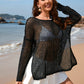 Openwork Slit Boat Neck Long Sleeve Cover-Up