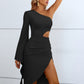 Cutout Split Flare Sleeve One-Shoulder Dress