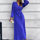 V-Neck Tie Waist Pleated Maxi Dress