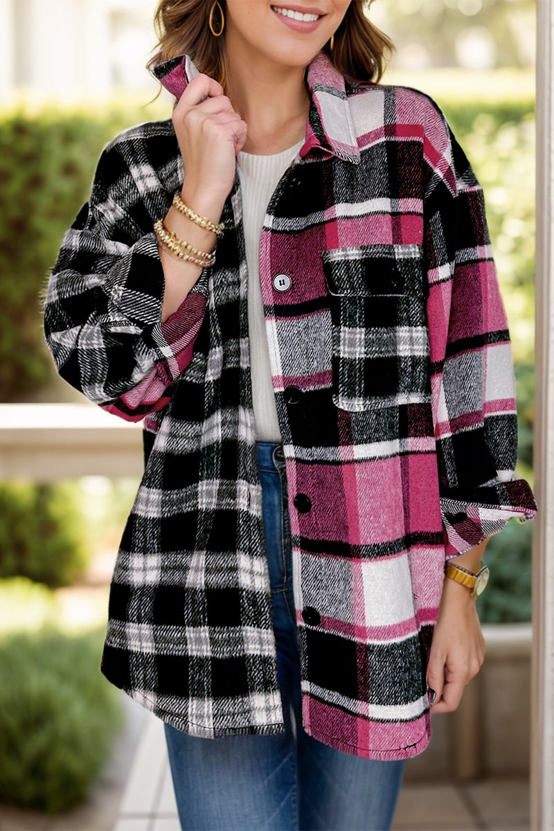 Pocketed Plaid Collared Neck Long Sleeve Shacket Plaid