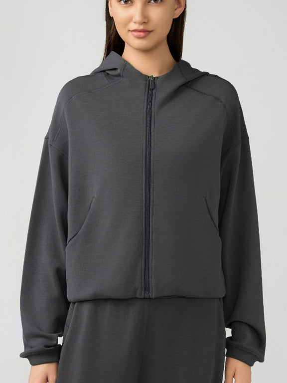 Millennia Zip Up Dropped Shouder Active Hooded Dark Gray