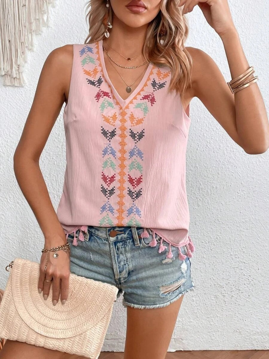 Tassel Printed V-Neck Tank Dusty Pink