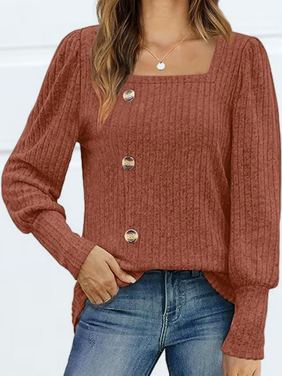 Decorative Button Square Neck Top Red Orange