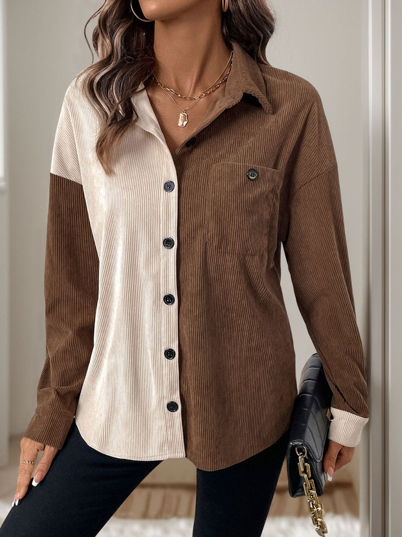 Perfee Pocketed Contrast Collared Neck Long Sleeve Shirt Coffee Brown