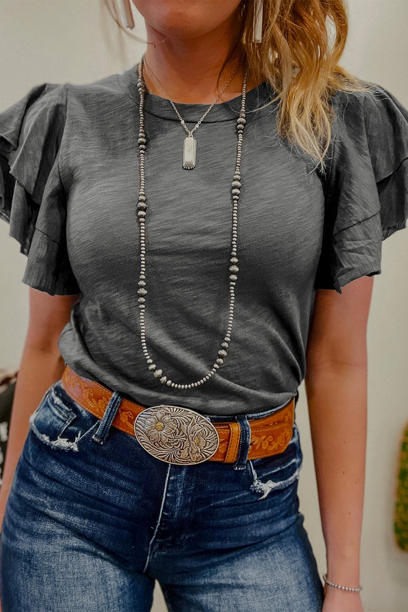 Round Neck Layered Short Sleeve Top Dark Gray