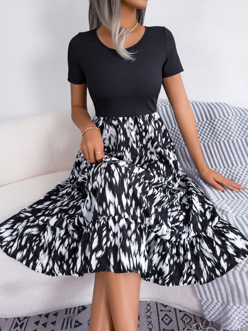 Printed Round Neck Ruffle Hem Dress