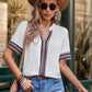 Perfee Contrast Stripes Notched Short Sleeve Blouse