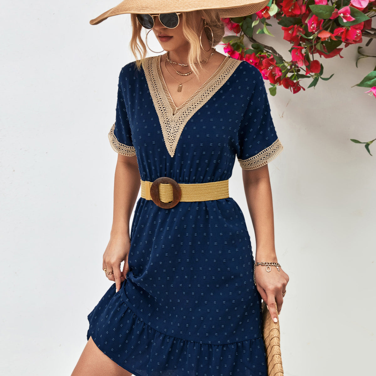 Contrast V-Neck Short Sleeve Mini Dress Dark Blue