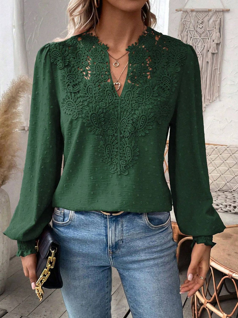 Swiss Dot Lace Detail Notched Long Sleeve Blouse Dark Green