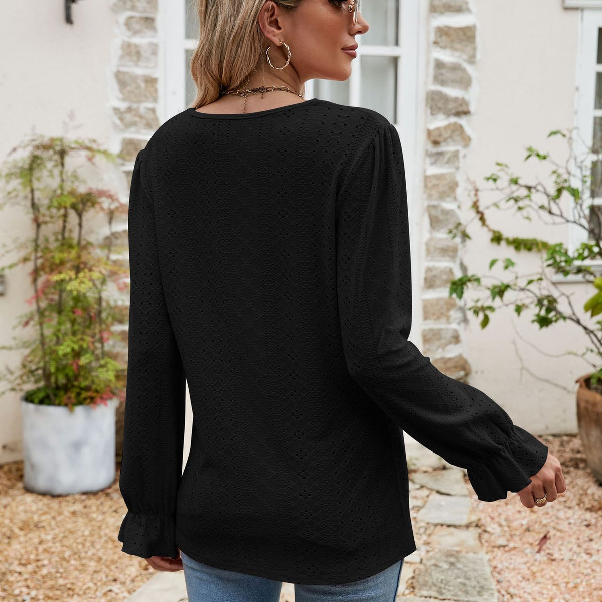 Eyelet Lace Trim Flounce Sleeve Blouse