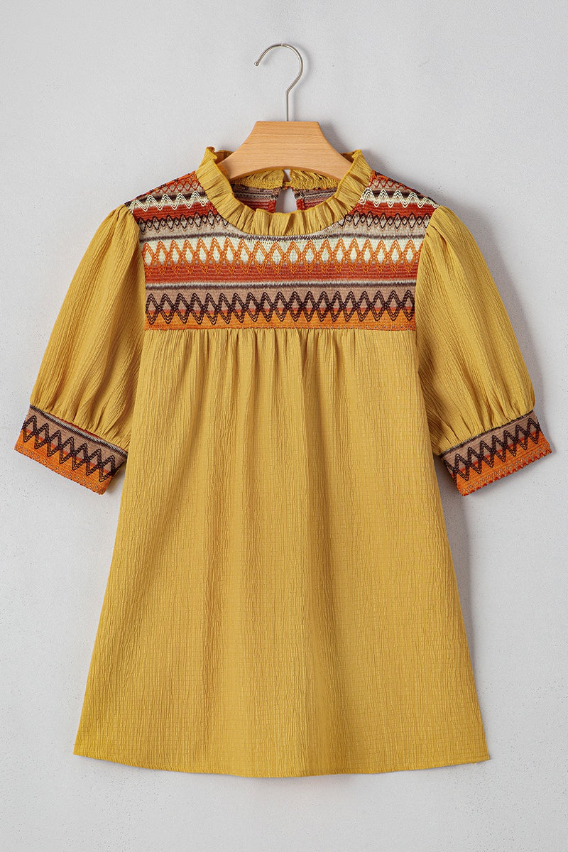 Geometric Frill Mock Neck Short Sleeve Blouse