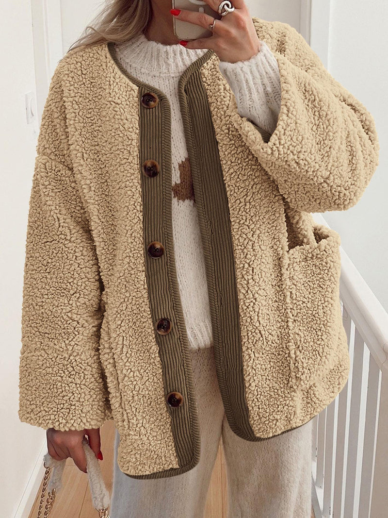 Contrast Button Up Sherpa Jacket with Pockets Tan