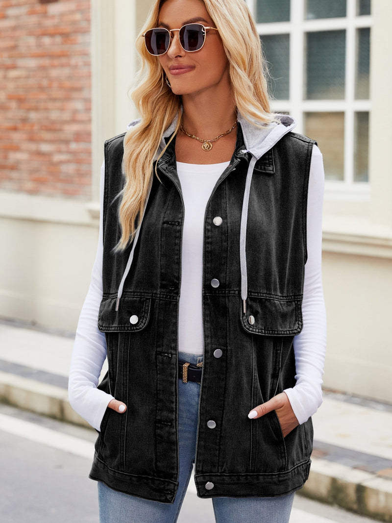 Drawstring Hooded Sleeveless Denim Jacket