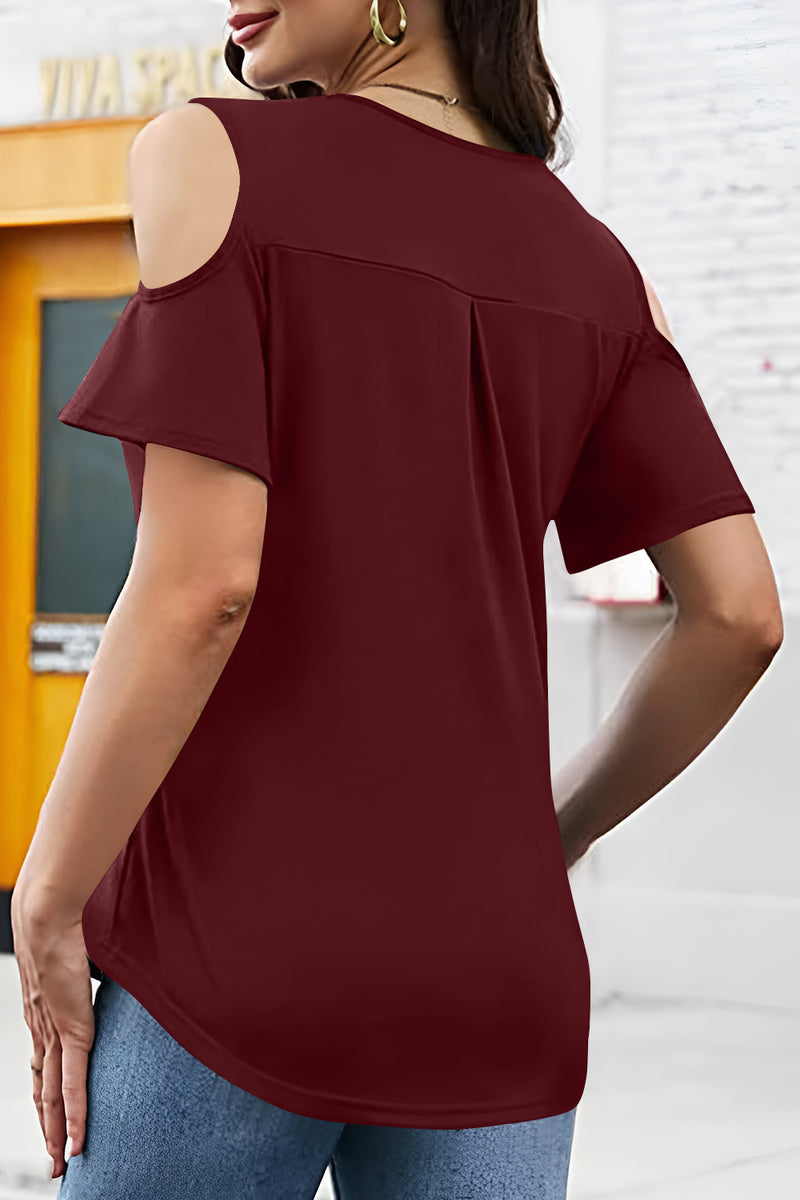 Full Size Half Zip Cold Shoulder Top Burgundy