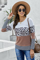 Waffle-Knit Leopard Round Neck Long Sleeve T-Shirt Mocha