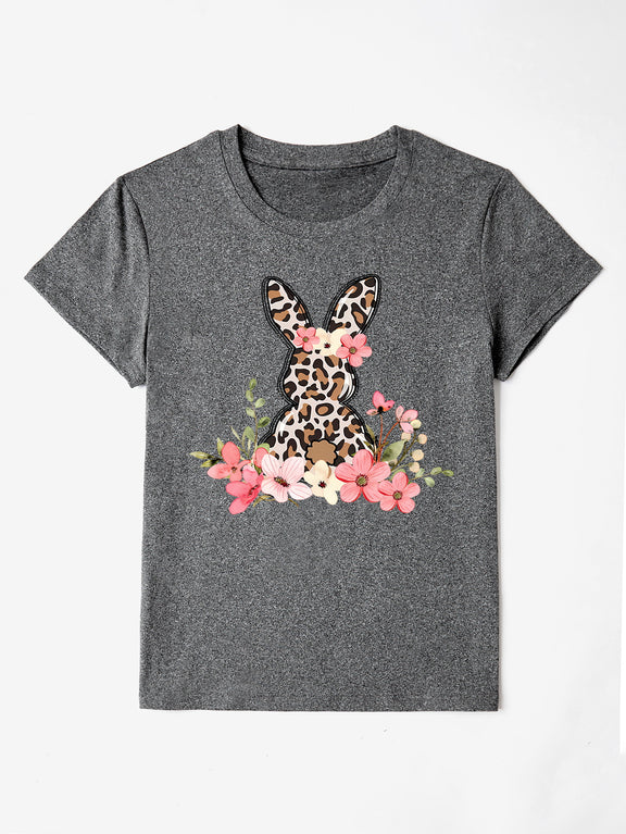 Rabbit Round Neck Short Sleeve T-Shirt Dark Gray