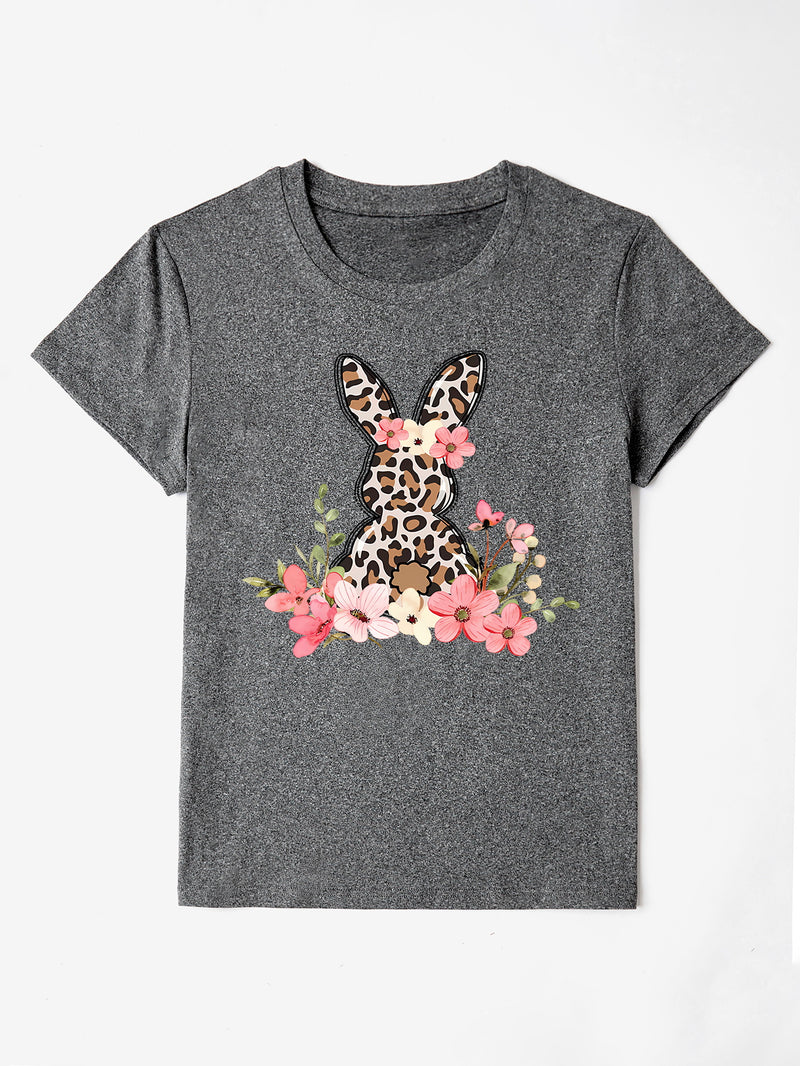Rabbit Round Neck Short Sleeve T-Shirt Dark Gray