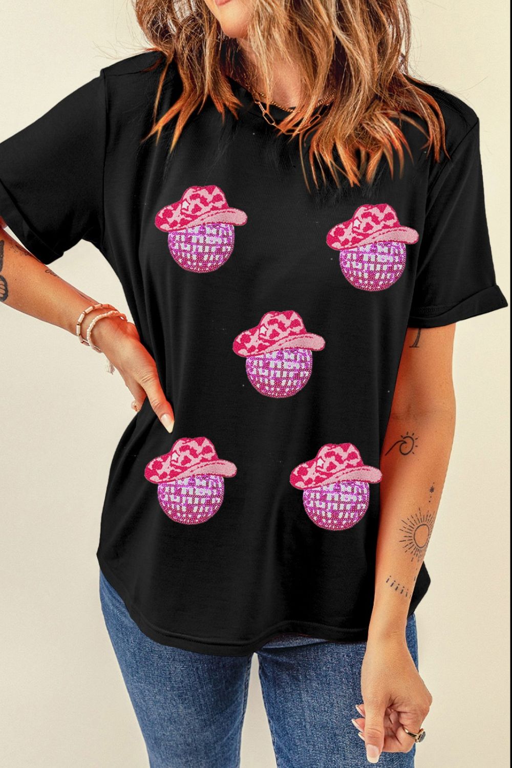 Cowboy Hat Disco Ball Patched Round Neck T-Shirt Black