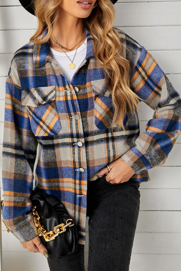 Plaid Pocketed Button Down Shacket Blue Orange