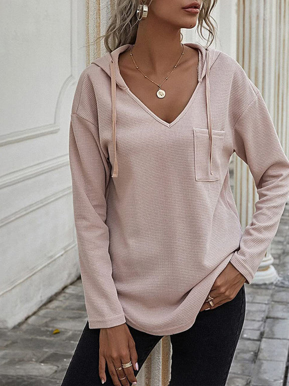 Drawstring Waffle Knit Long Sleeve Hooded Top Pale Blush