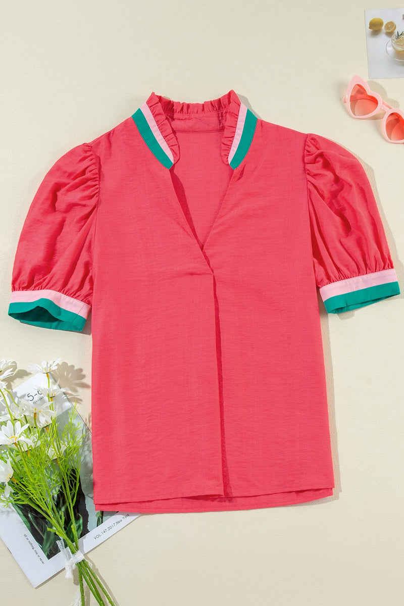 Contrast Trim Notched Short Sleeve Blouse