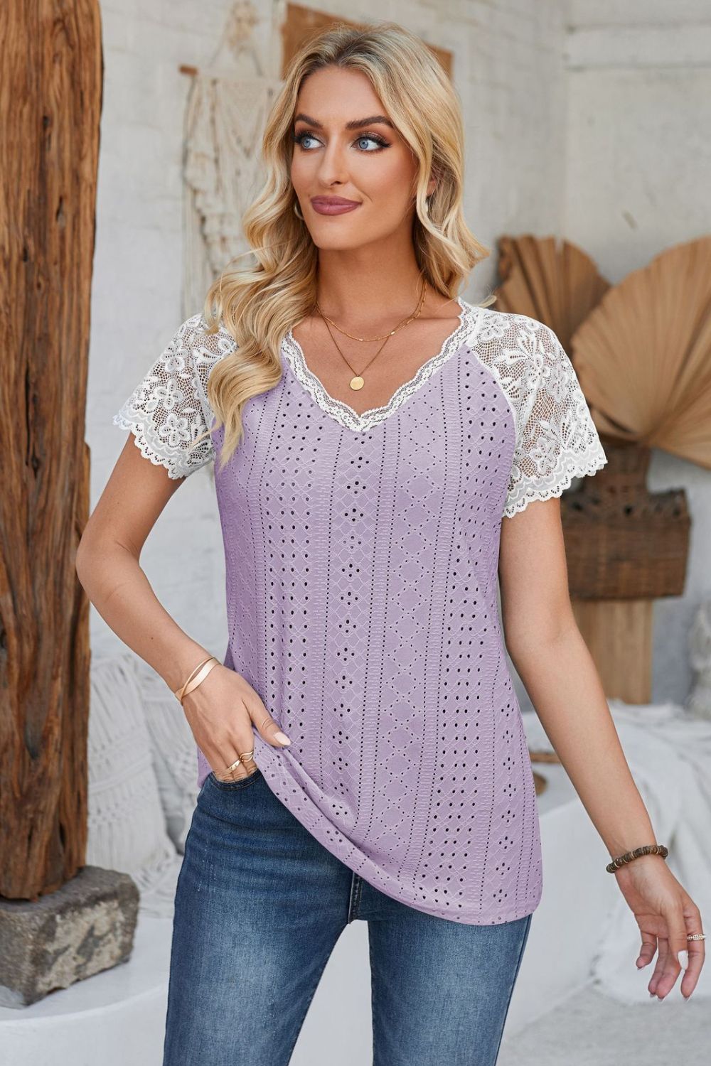 Eyelet V-Neck Lace Short Sleeve T-Shirt Lavender