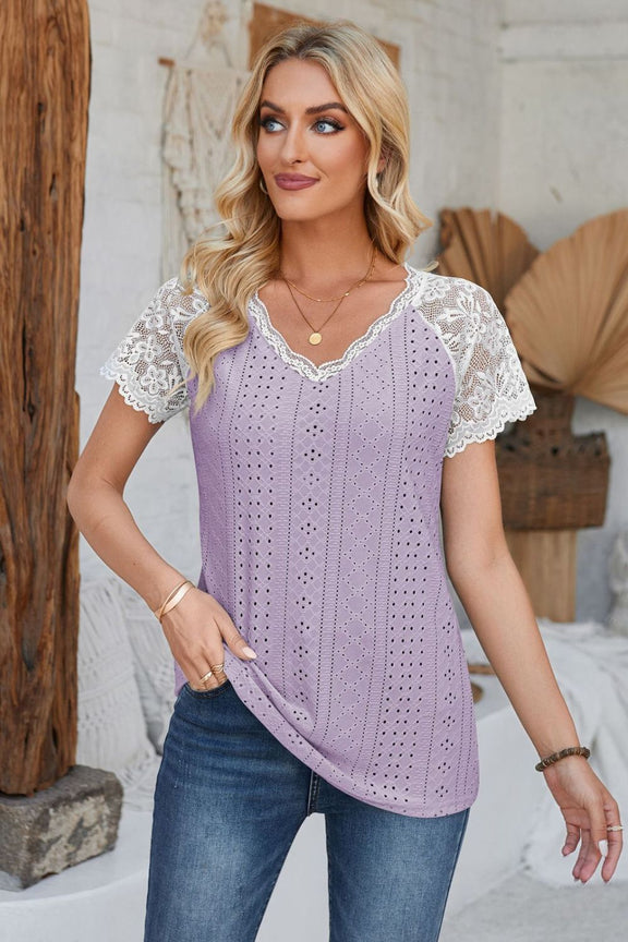 Eyelet V-Neck Lace Short Sleeve T-Shirt Lavender