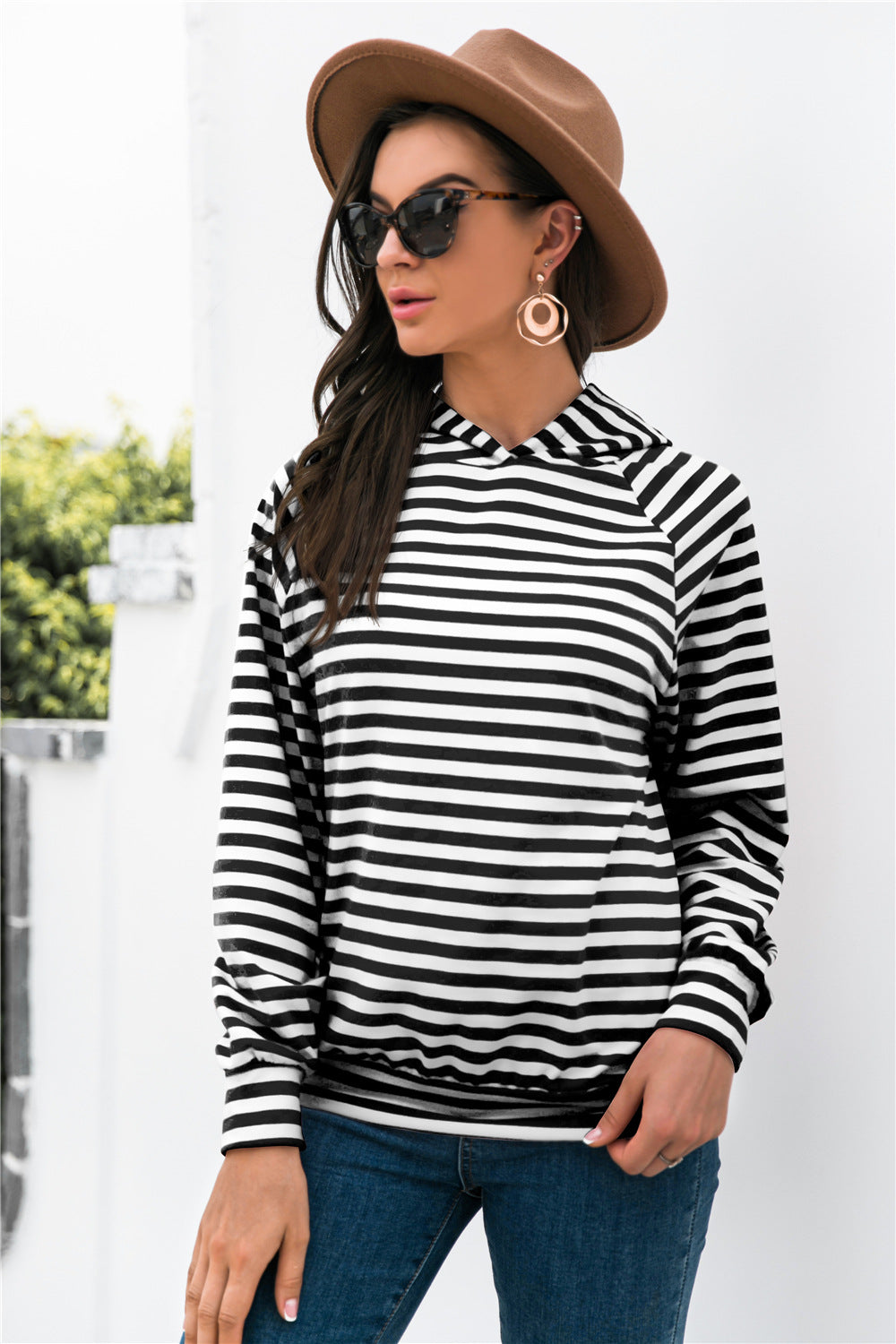 Horizontal Stripe Raglan Sleeve Hoodie Black