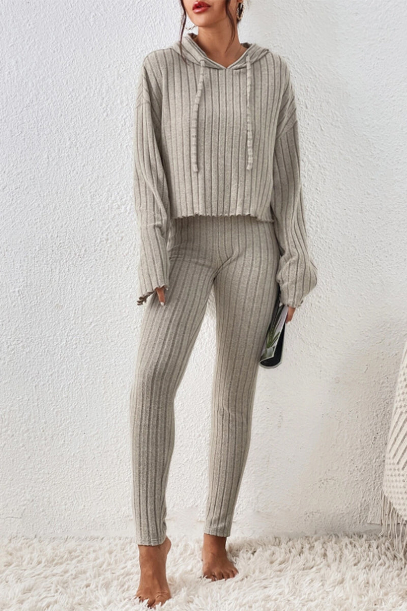 Lettuce Hem Dropped Shoulder Hooded Top and Pants Set Beige